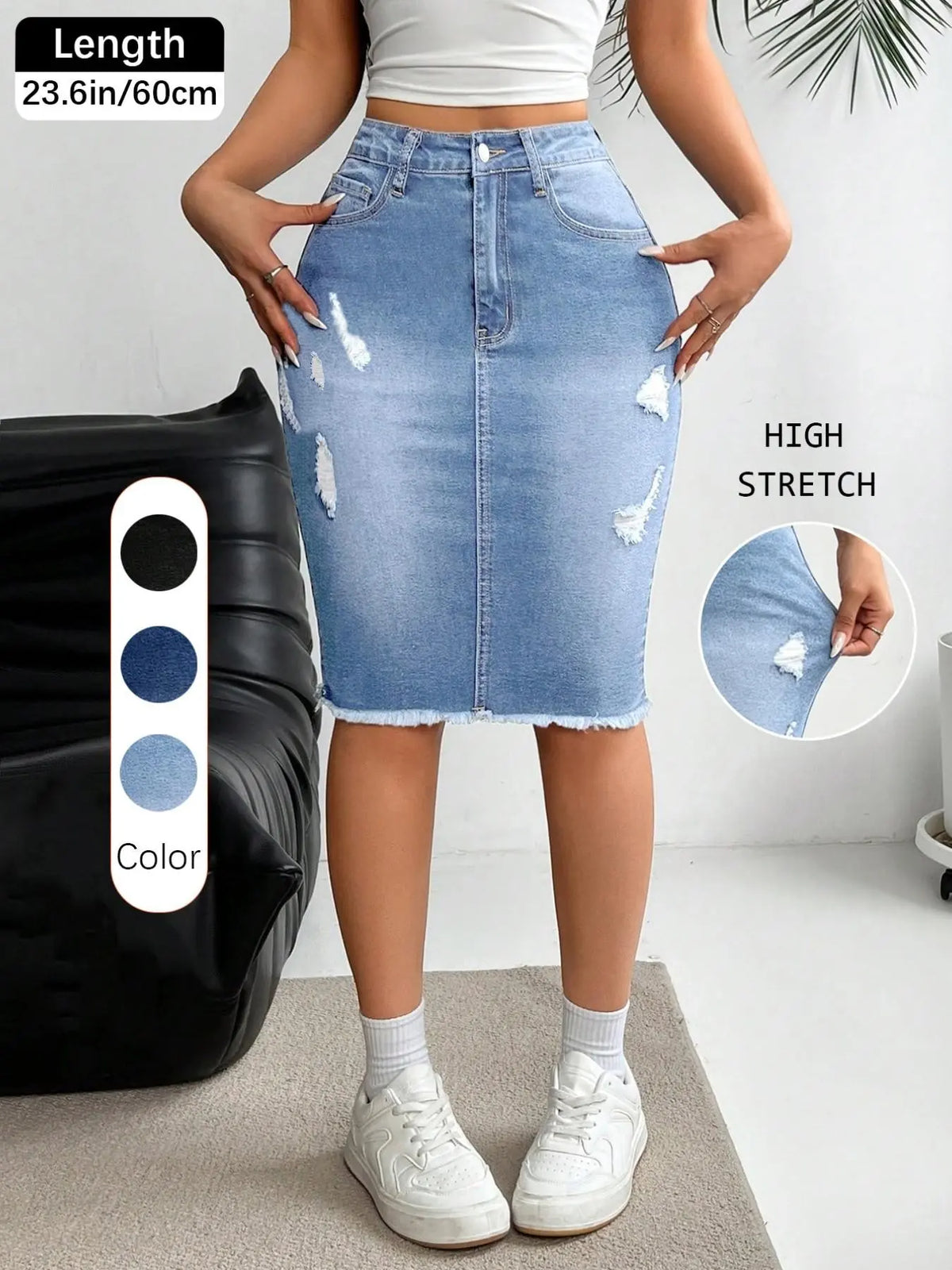 Women's Slim-Fit Ripped Denim Skirt, High-Waisted Knee-Length, Casual Button Closure, All-Season Fashion, Multiple Colors Available, Hip Hugging Skirt
