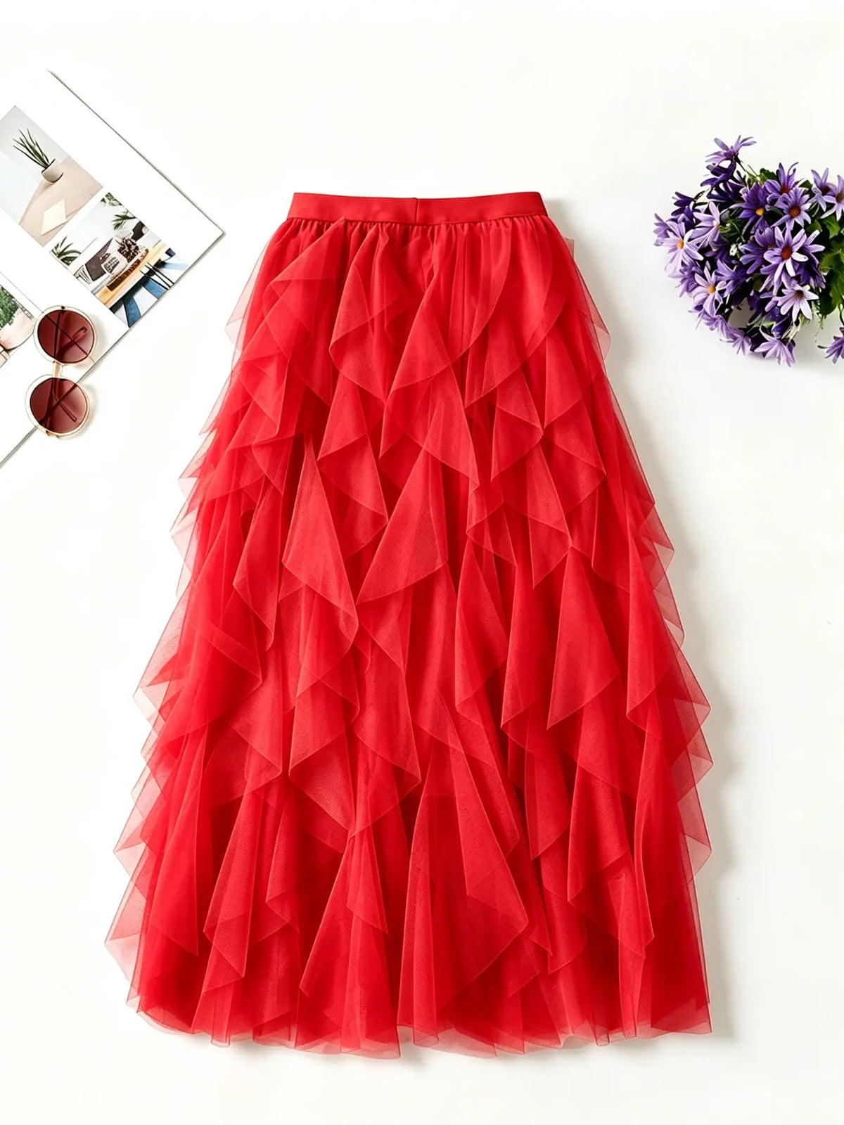 1Pc Irregular Layered Tulle Dance Maxi Skirt, Elastic Waist Flowy Swing Performance Long Skirt for Women Dance Wear