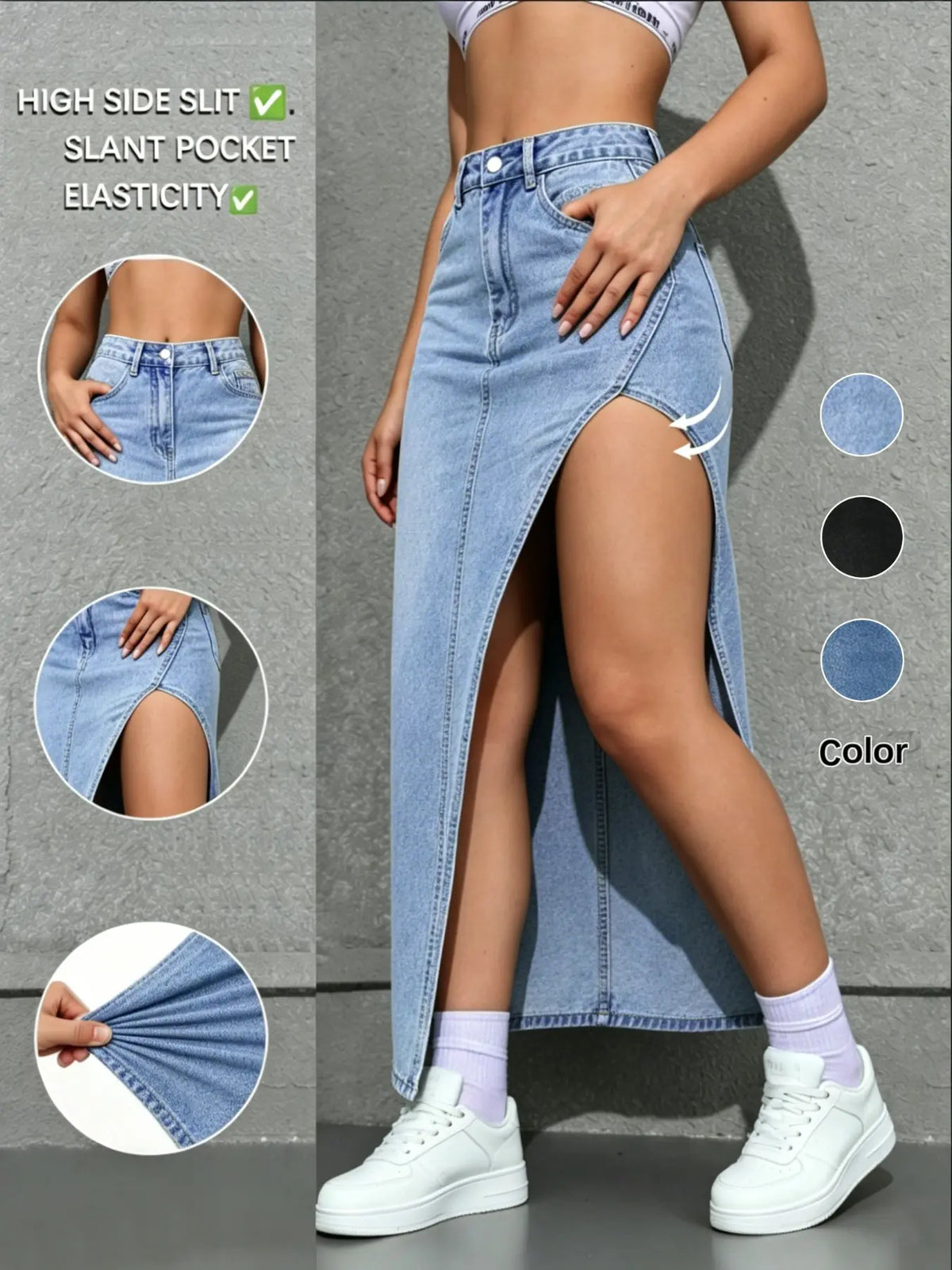 Summervibes New Fashion Women's Denim Long Slit Skirt, Chic, Side Split Design, Button, Versatile, Suitable for Casual and Formal Occasions, Comfortable Daily Wear, Fit