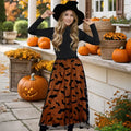 CHICWISH  Women's Velvet Bats Mesh Tulle Midi Skirt in Pumpkin for Halloween Party or Any Occasion, Autumn, Winter Outfit, Festive Outfit Womenswear Bottom