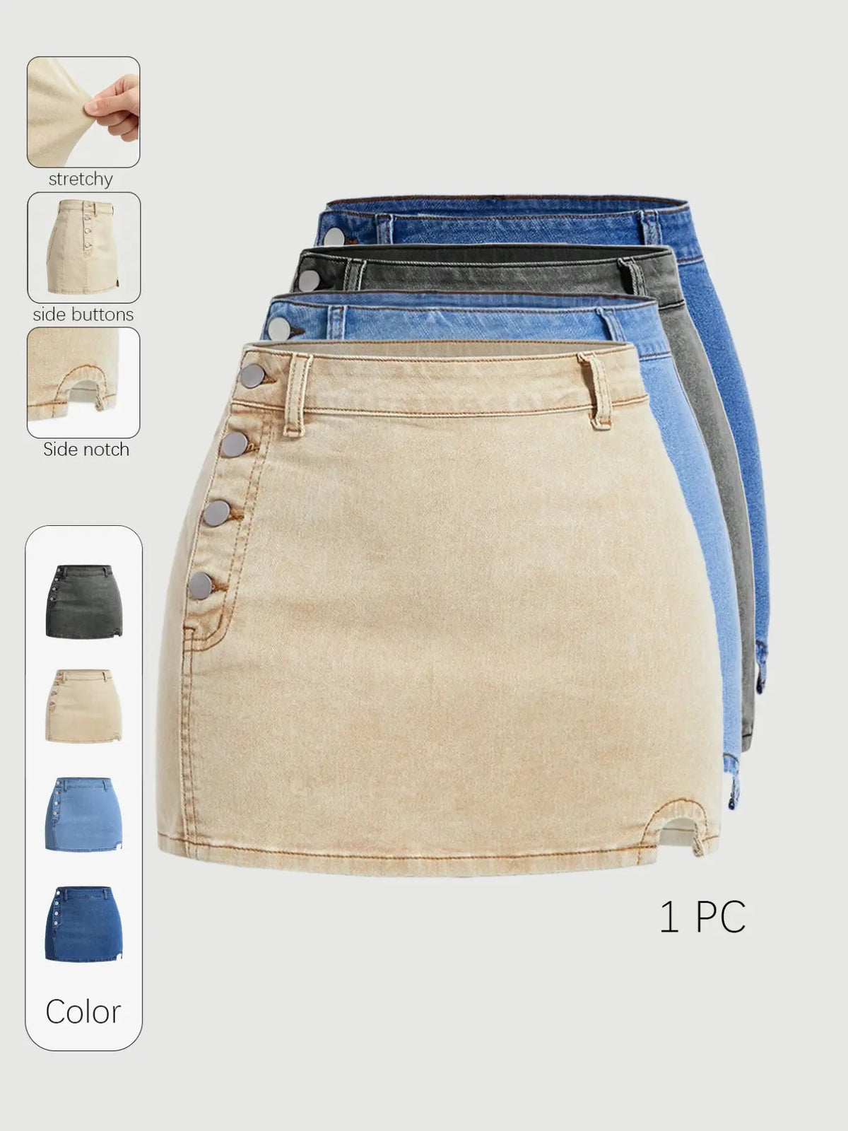 Women's, Slim-Fitting High-Waist Short Skirt, Basic Casual A-line Skirt, Stretch Skirt, Button Closure Design, Plain Pattern, Summer Fashion