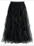 Women's Ruffle Tulle A Line Vintage Skirt, Ruffle Hem Skirt, Elegant Casual Skirt, Elegant High Waist Midi Skirt for Party Holiday Wedding Guest, Ladies Bottoms for All Seasons