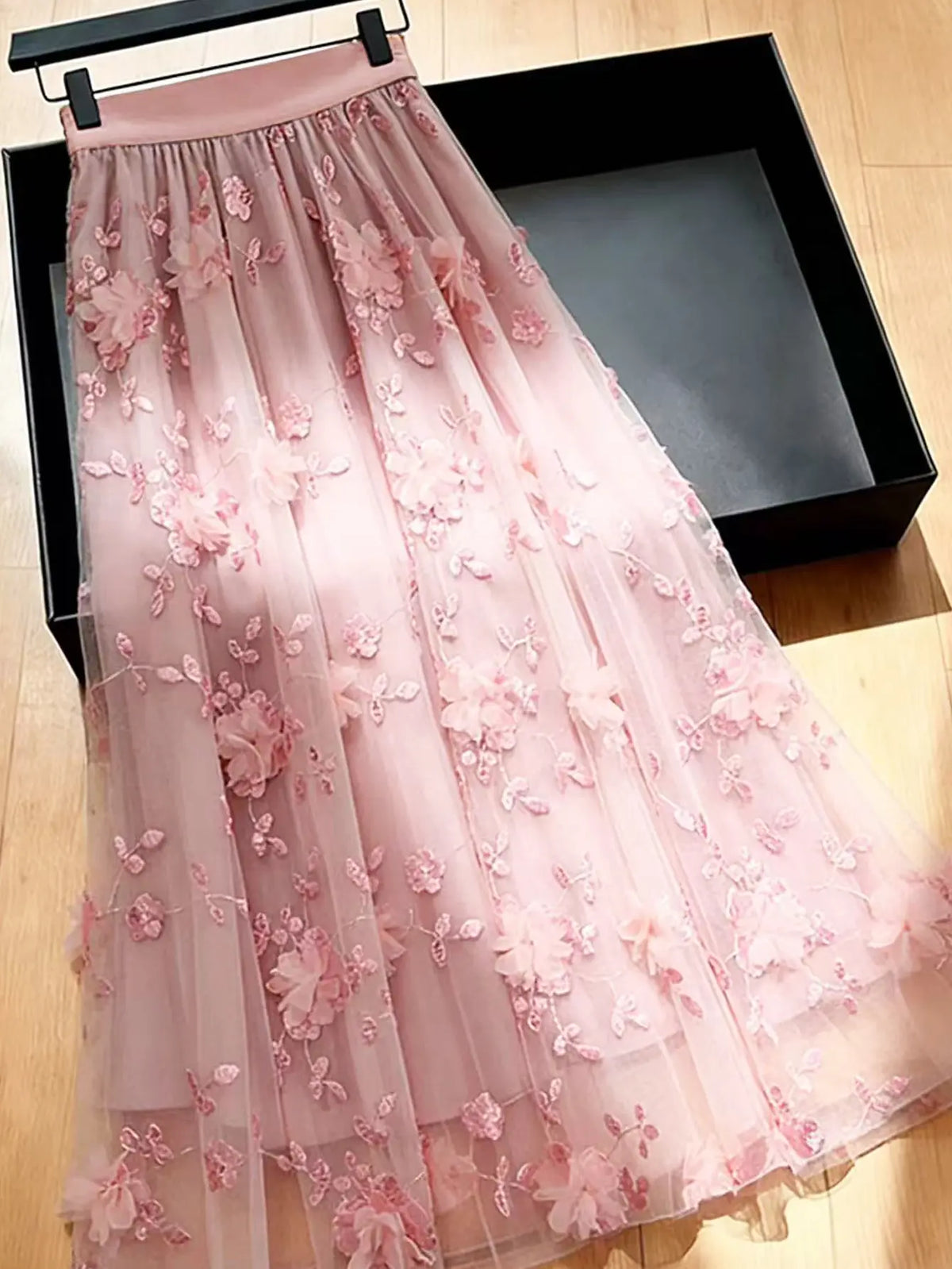 ASANDY Women's High-Waisted A-Line Tulle Maxi Skirt - 3D Floral Embroidery, Handmade Flower Appliqués, Elegant Formal Bottoms with Premium Fabric, Flattering Fit (1-Piece),sohochic