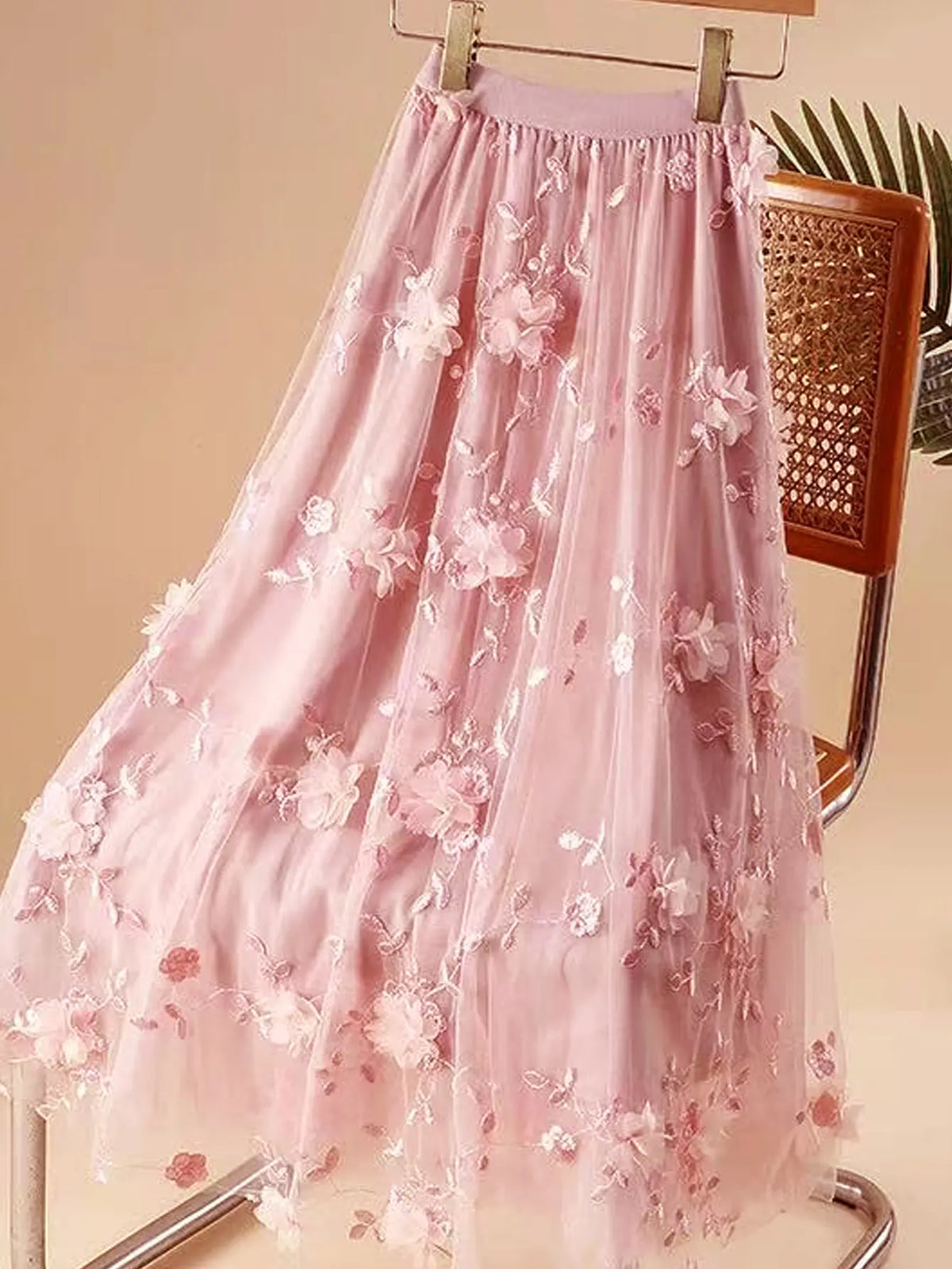 ASANDY Women's High-Waisted A-Line Tulle Maxi Skirt - 3D Floral Embroidery, Handmade Flower Appliqués, Elegant Formal Bottoms with Premium Fabric, Flattering Fit (1-Piece),sohochic