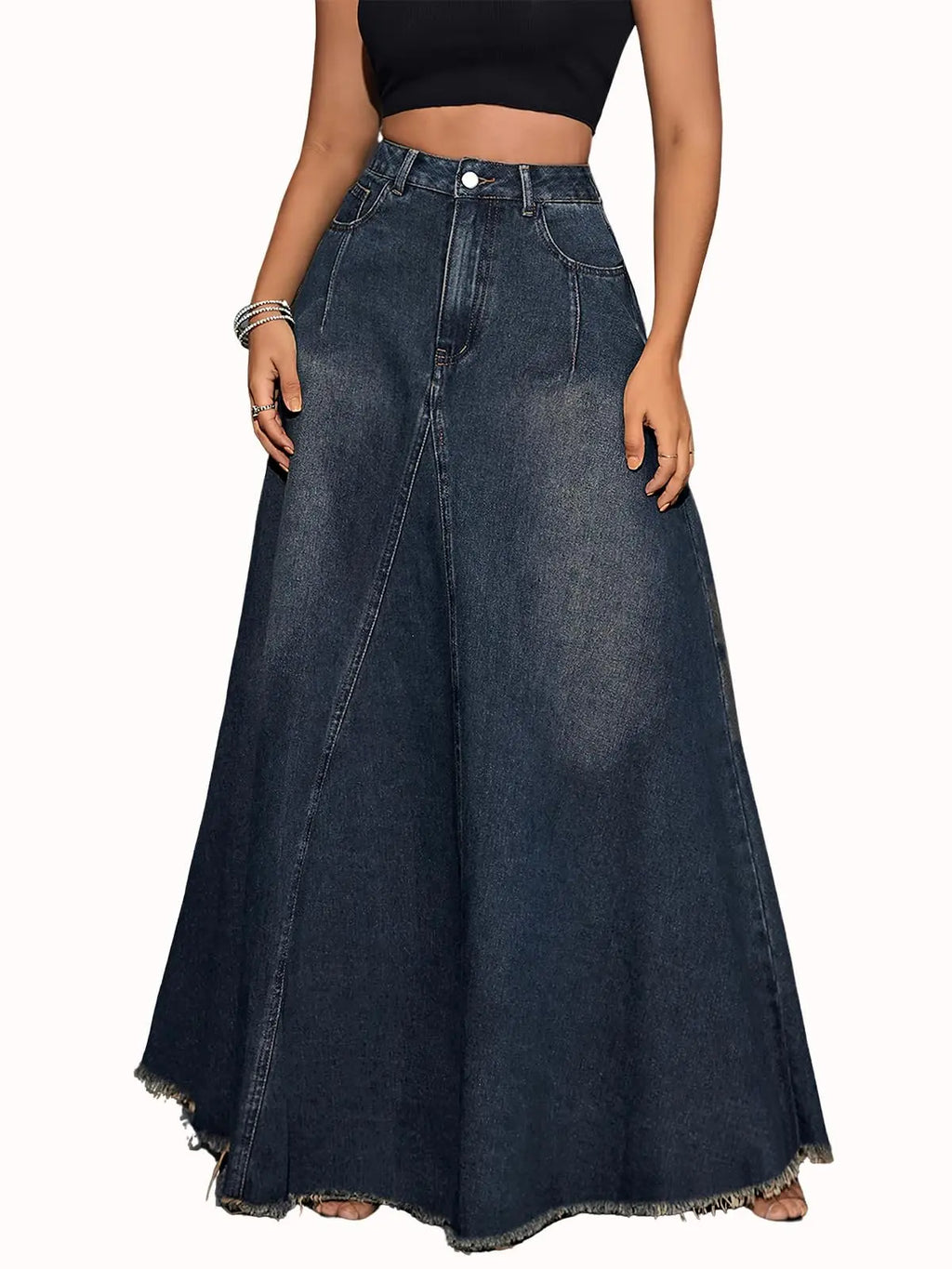 Ebossy Retro High Waist Denim Maxi Skirt | Frayed Hem, Pockets & Tassels | Cute A-Line for Daily & Party Looks,clothes for back to school,first day of school outfits