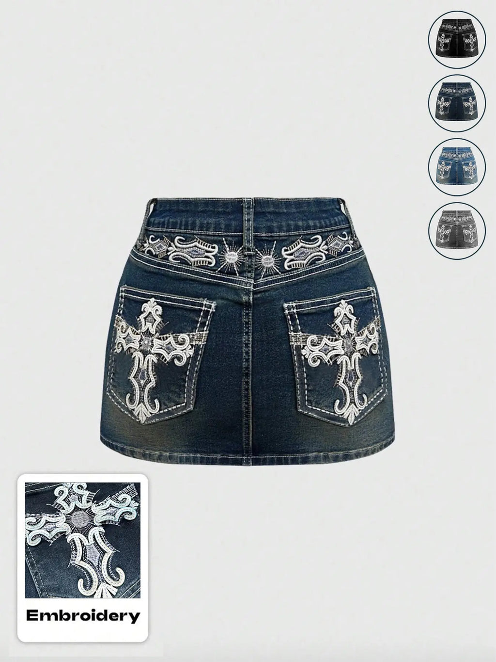 Women's Y2K Vintage Mini Denim Skirt with Pocket, Cross & Wing Embroidery, Comfortable and Stylish Wear, Chic Stretchy Denim Skirt