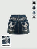 Women's Y2K Vintage Mini Denim Skirt with Pocket, Cross & Wing Embroidery, Comfortable and Stylish Wear, Chic Stretchy Denim Skirt