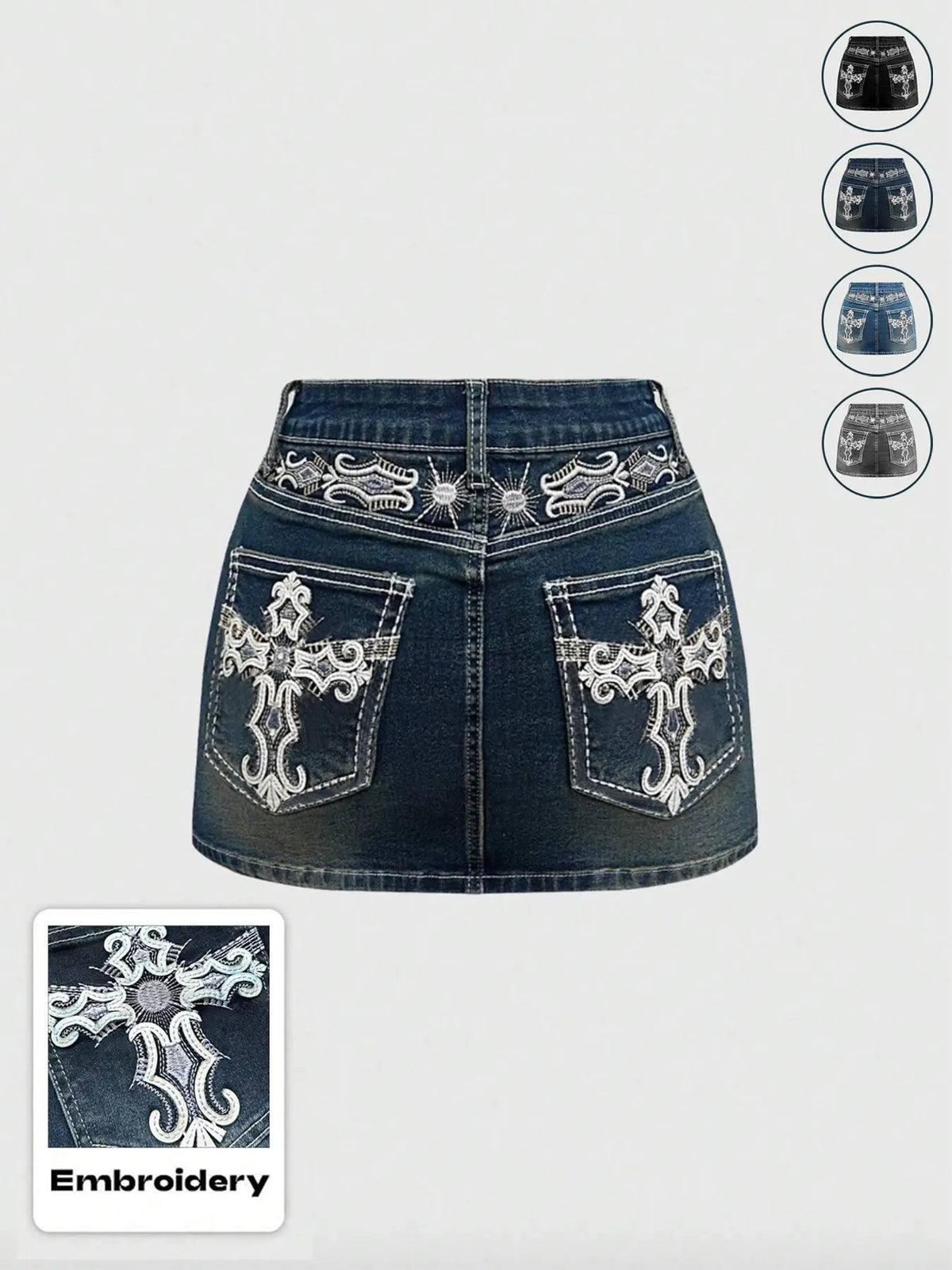 Women's Y2K Vintage Mini Denim Skirt with Pocket, Cross & Wing Embroidery, Comfortable and Stylish Wear, Chic Stretchy Denim Skirt
