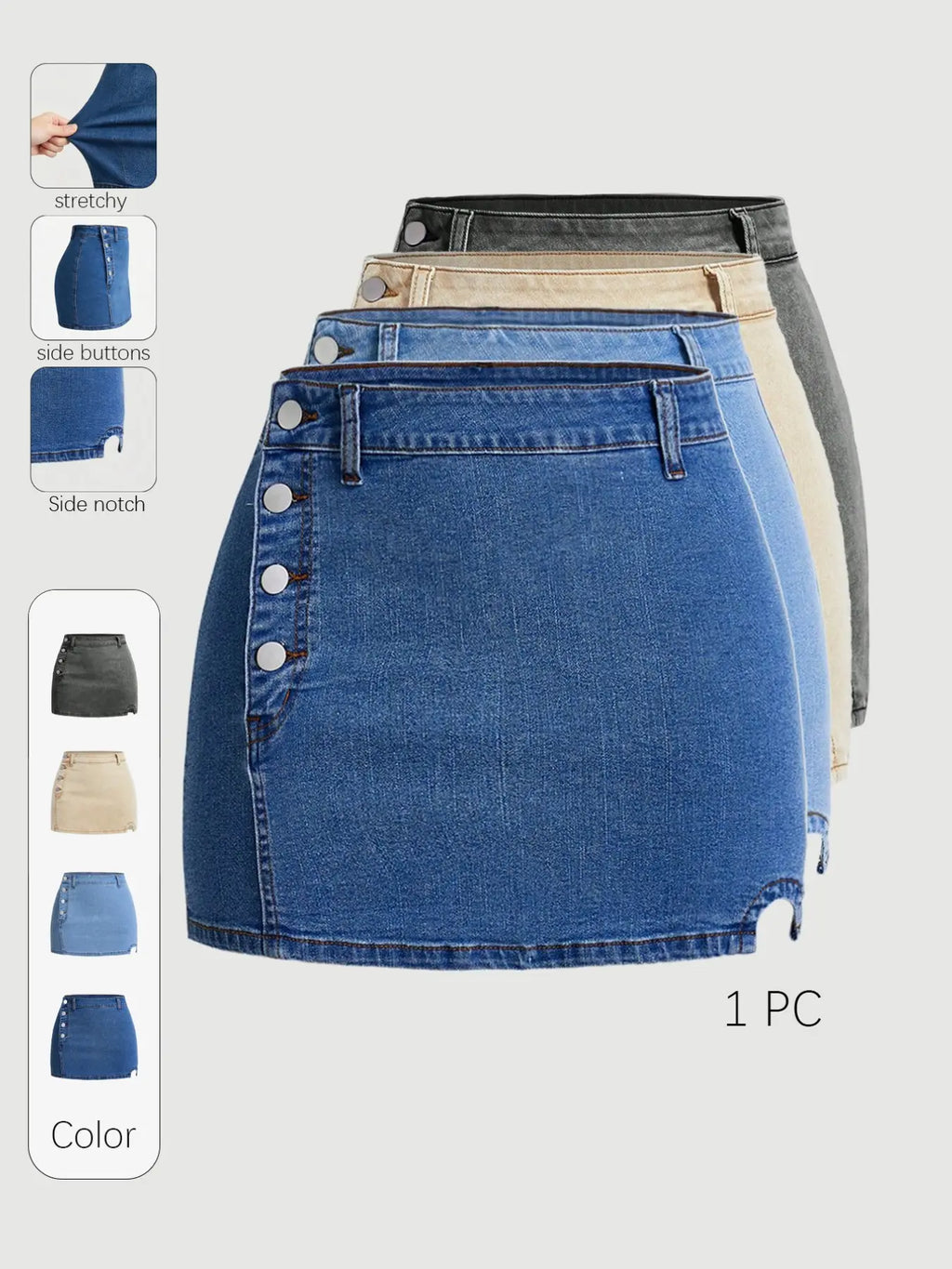 Women's, Slim-Fitting High-Waist Short Skirt, Basic Casual A-line Skirt, Stretch Skirt, Button Closure Design, Plain Pattern, Summer Fashion
