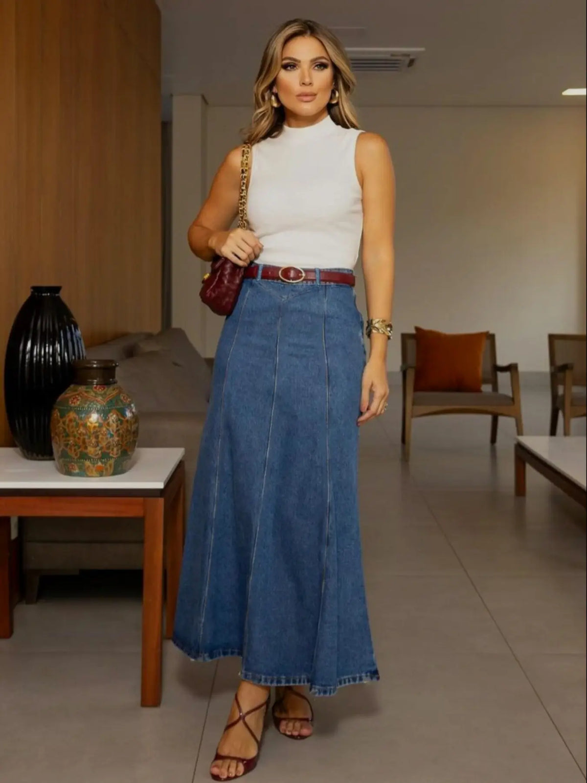 Casual Stretchy Elastic Washed Flared Denim Skirt, Loose-Fitting Plain Basic Skirt, Women's Summer Wear for Daily Wear & Date Bottoms