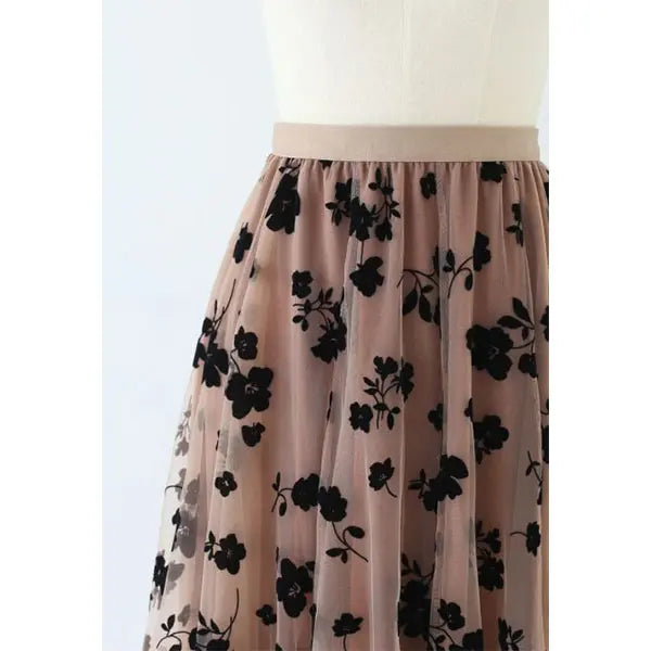 Chicwish 3D Posy Double-Layered Mesh Midi Skirt - Lightweight Polyester Tulle Skirt with Elastic Waistband & Floral Trim for Women