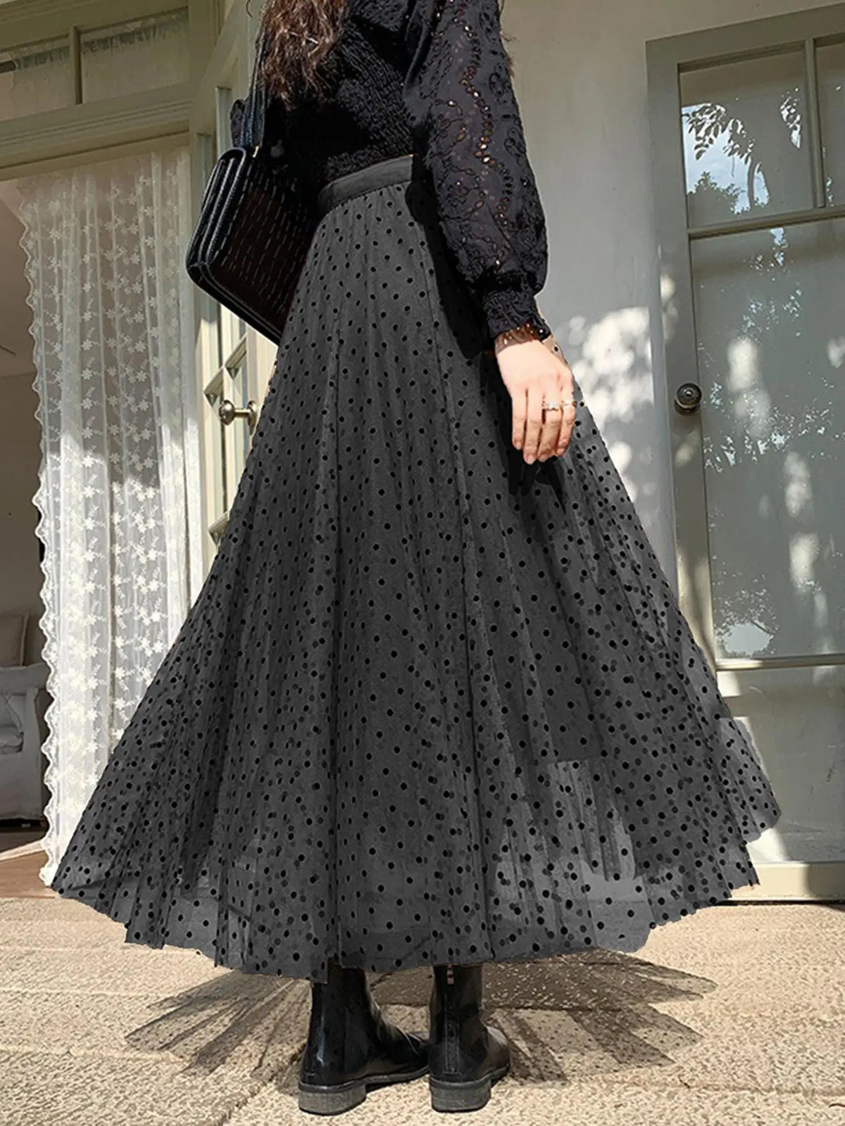 Women's Polka Dot Print Contrast Mesh Tape Ruched A Line Lightweight Breathable Tulle Fabric Bottom Skirt, Elegant Chic Fashion Casual Skirt for Daily Vacation Holiday Beach, Ladies Summer Clothes Fit