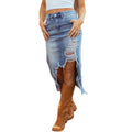 Asvivid Western Asymmetrical Ripped Denim Midi Skirt with Pocket Women High‑low Distressed Irregular Raw Frayed Hem Casual Destroyed Cowgirl Jean Skirts Bottoms Clothes for Back To School Fashion Fall Pick