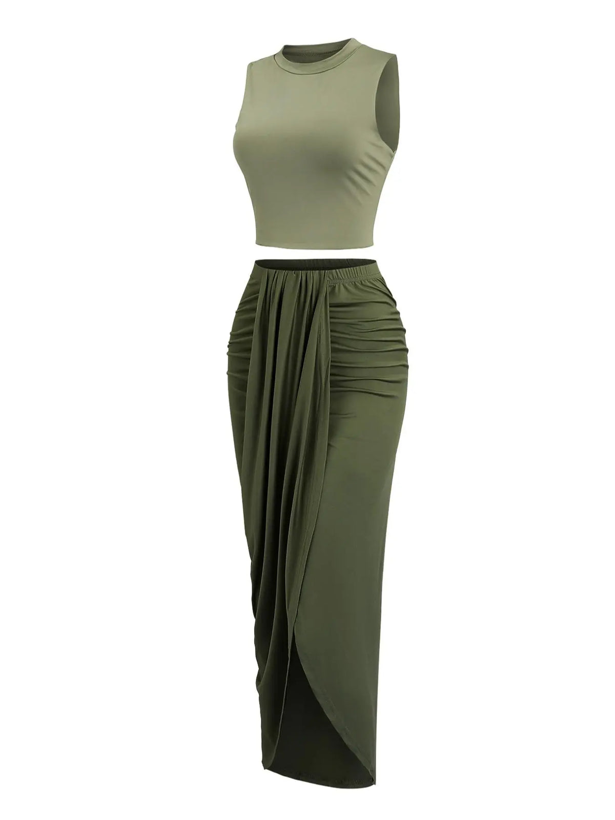 Women's Solid Crop Tank Top & Ruched Asymmetrical Hem Split Skirt Set, Casual Chic Minimalist Style Mock Neck Sleeveless Top & High Waist Wrap Skirt, Cute Summer Outfit Clothes, Beach Outfits Set