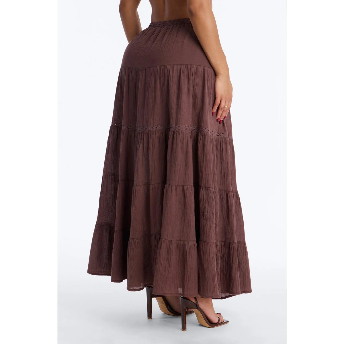 Bohemian High Slit Tiered Gauze Maxi Skirt - Brown