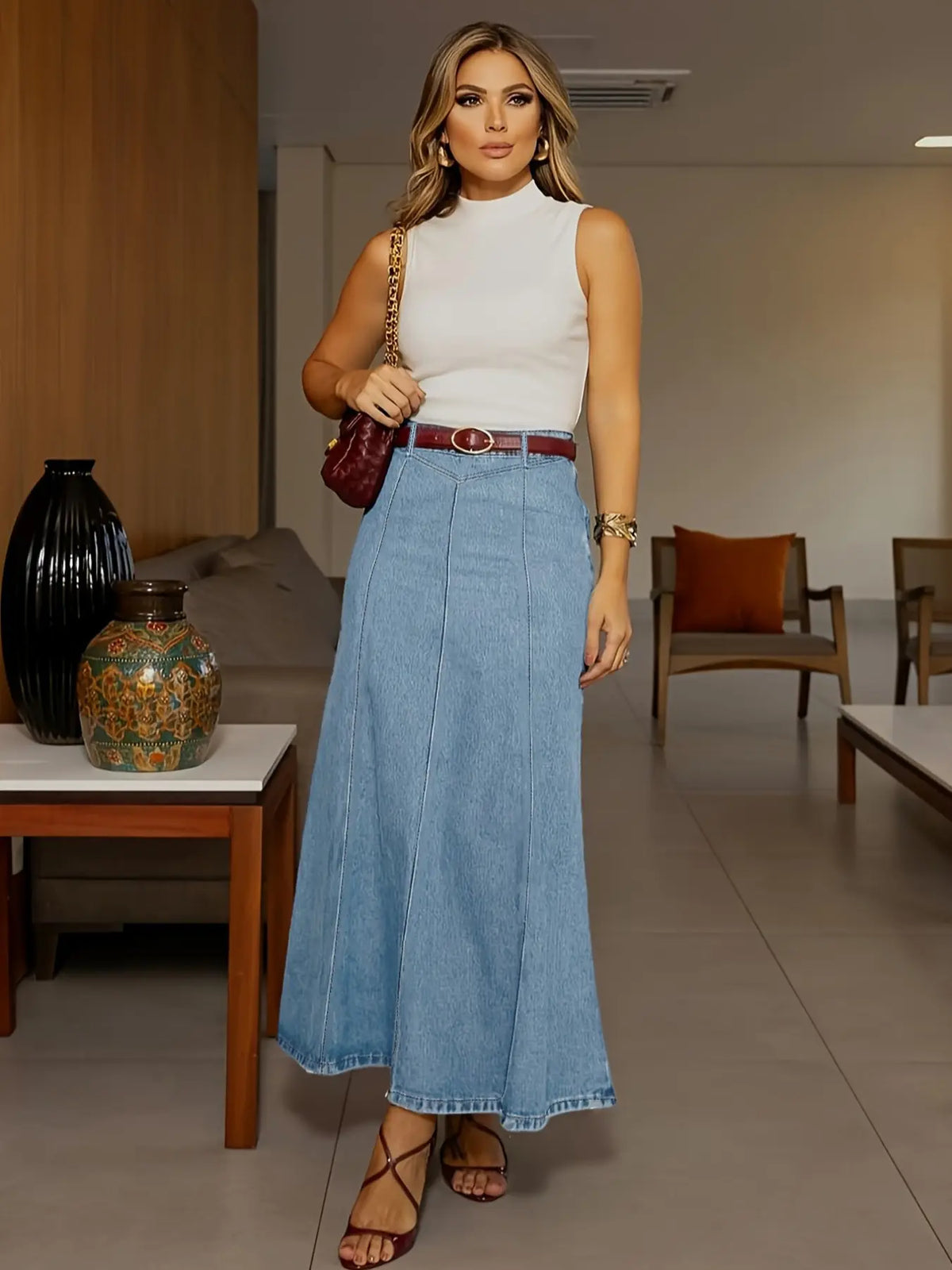 Casual Stretchy Elastic Washed Flared Denim Skirt, Loose-Fitting Plain Basic Skirt, Women's Summer Wear for Daily Wear & Date Bottoms