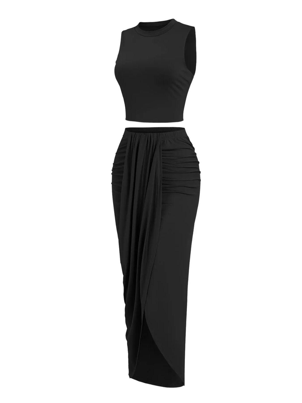Women's Solid Crop Tank Top & Ruched Asymmetrical Hem Split Skirt Set, Casual Chic Minimalist Style Mock Neck Sleeveless Top & High Waist Wrap Skirt, Cute Summer Outfit Clothes, Beach Outfits Set