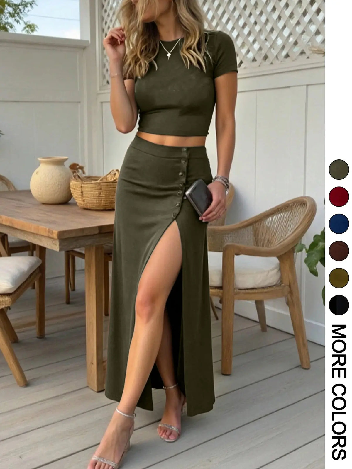 Women's Casual Two-Piece Set, Fashion Clothing Set, Short Sleeve Crop Top & Front Button Split Skirt, Summer Fashion, Minimalist, Breathable, Chic, Lightweight, Comfortable and Stylish, Chic Skirt Sets