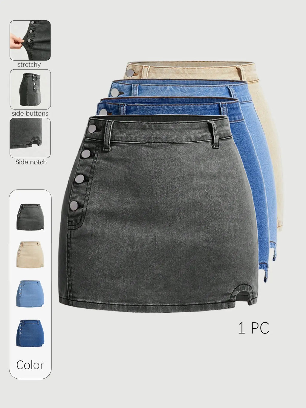Women's, Slim-Fitting High-Waist Short Skirt, Basic Casual A-line Skirt, Stretch Skirt, Button Closure Design, Plain Pattern, Summer Fashion