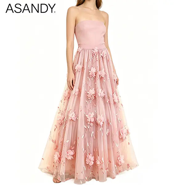 ASANDY Women's High-Waisted A-Line Tulle Maxi Skirt - 3D Floral Embroidery, Handmade Flower Appliqués, Elegant Formal Bottoms with Premium Fabric, Flattering Fit (1-Piece),sohochic