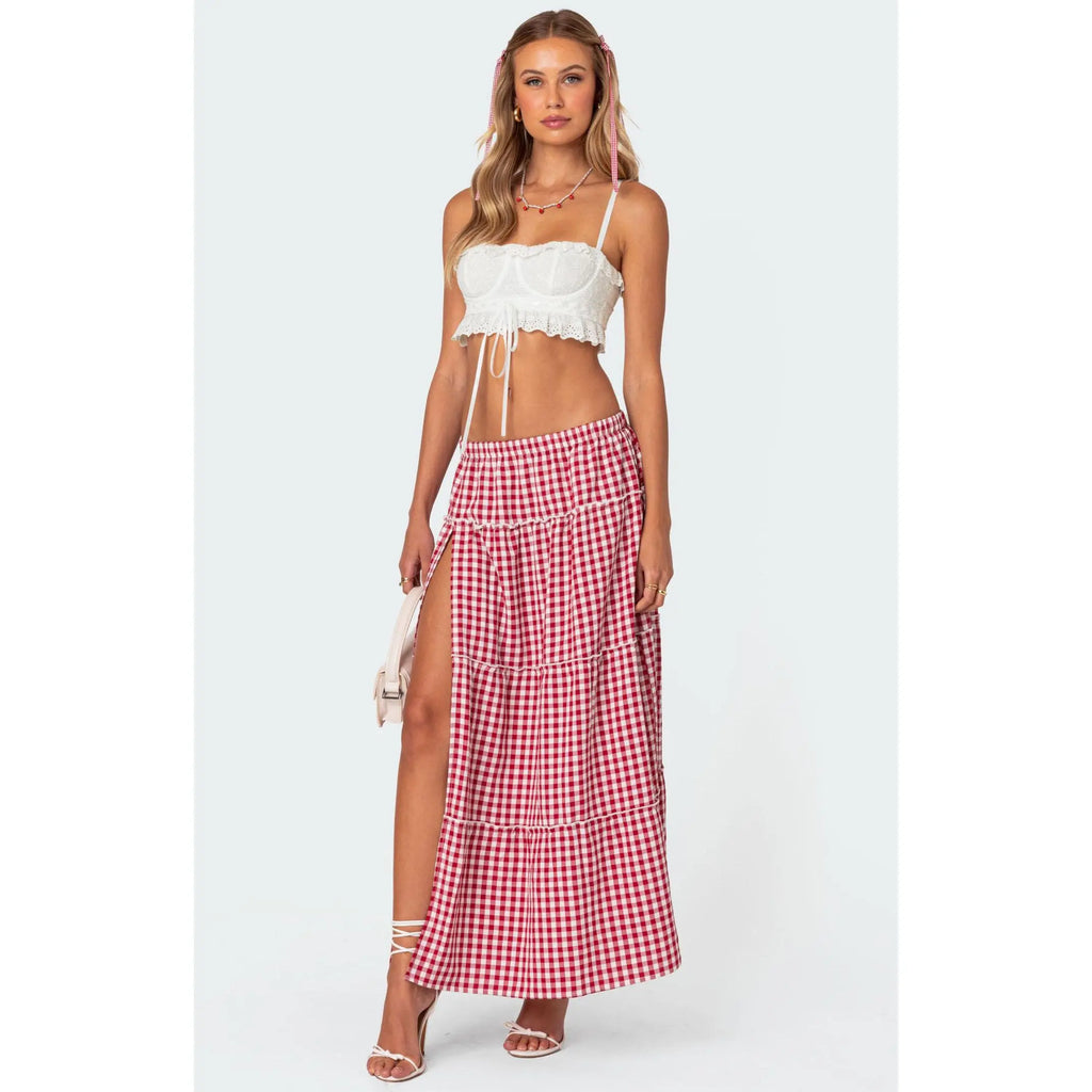Edikted Women's Gingham Side Slit Tiered Maxi Skirt - Multicolor